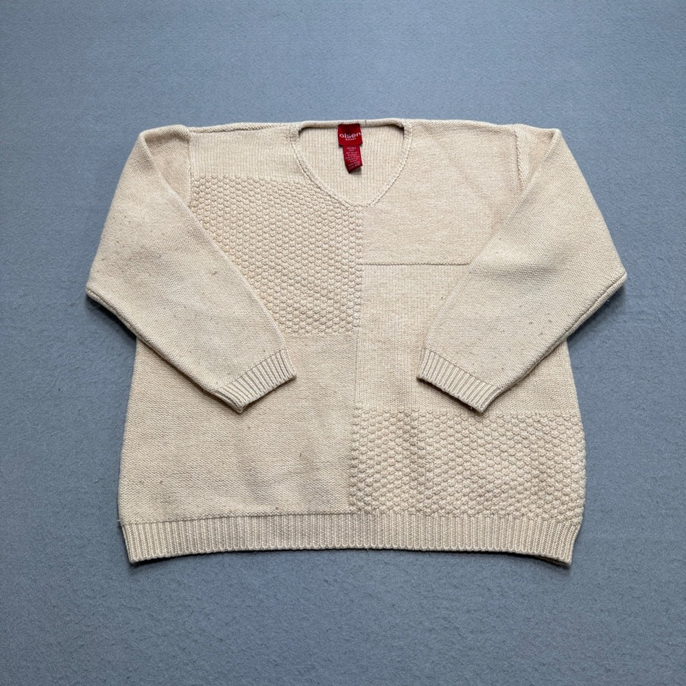 Olsen Europe Sweater‎ Women's XL Beige V-Neck Wool Patchwork Cable Knit Pullover
